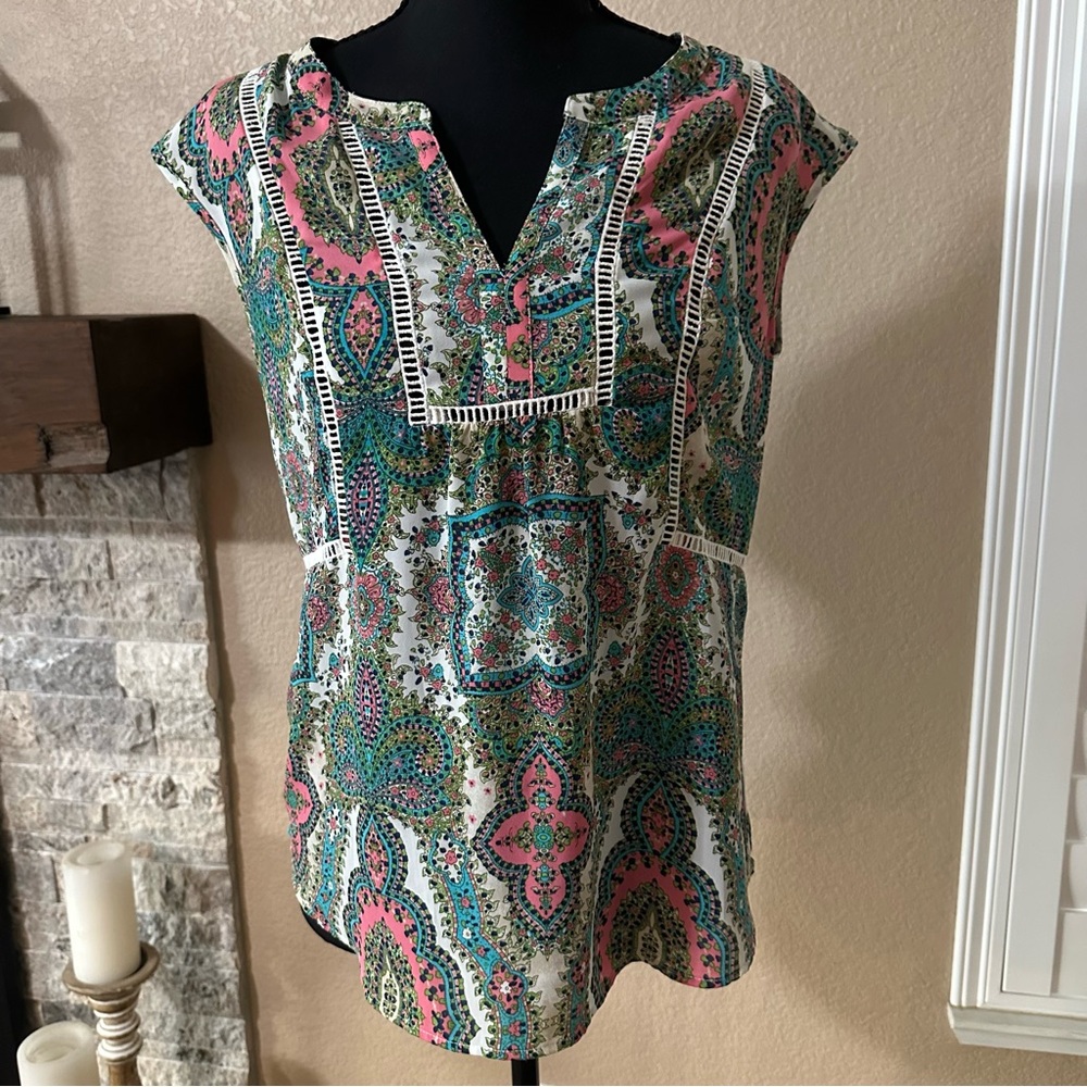 Daniel Rainn paisley summer sleeveless blouse women's XS BOHO shirt colorful